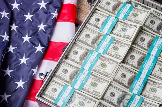 USA flag near dollar bundles. Opened silver case with cash. Pride, wealth and glory. Strive for better.