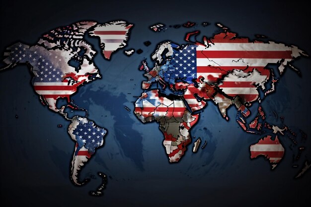 写真 世界地図上のアメリカの国旗 アメリカの国旗