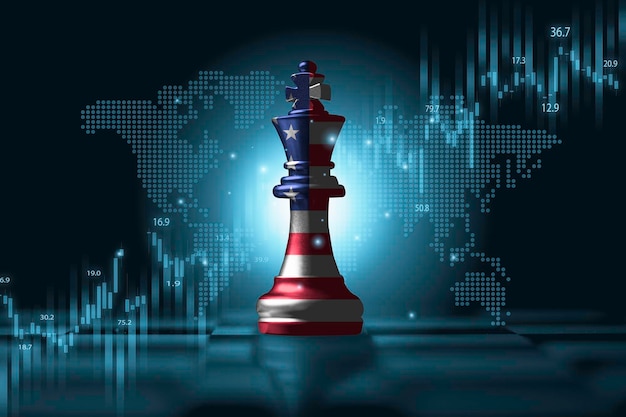 usa flag print screen on king chess with stock market graph chart for united states of america trading and investment concept