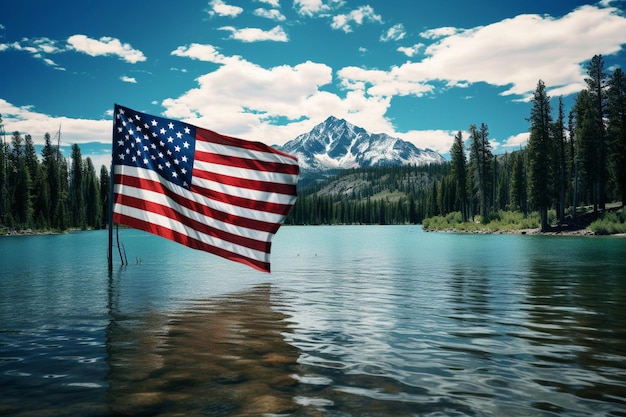 Usa flag on a quiet lake