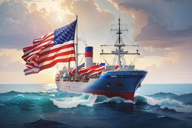 Photo usa flag in the sea ship america flag