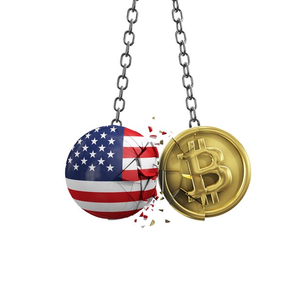 USA flag smashing into a gold bitcoin crypto coin 3D Rendering