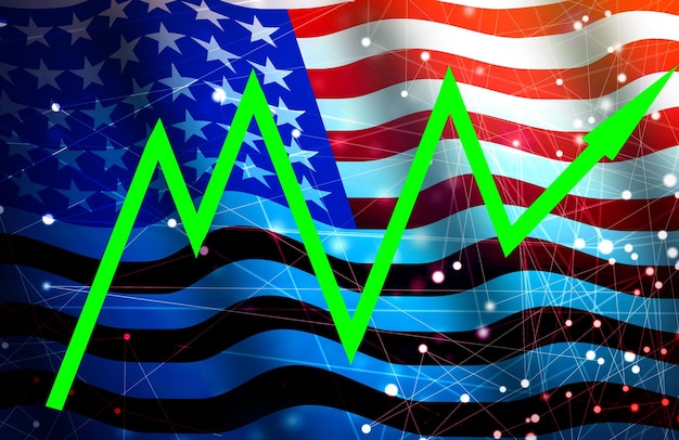 USA flag, upward rising arrow, graphs and charts. Economic recovery.