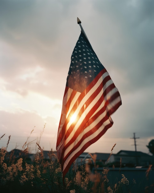 独立記念日の日没に手を振るアメリカの国旗 AI 生成