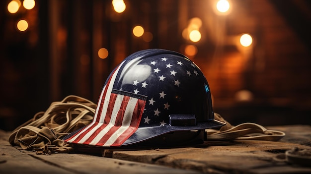 USA flag with a hard hat on a wooden surface AI generated