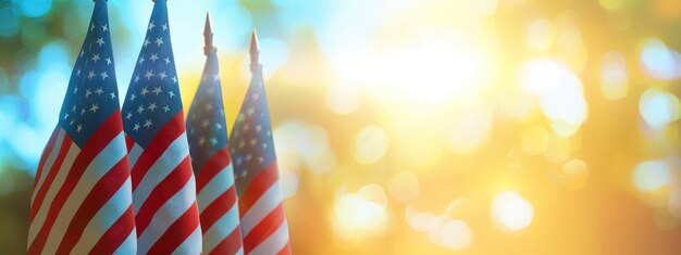 Photo usa flags with a blurred bokeh and sunlight background