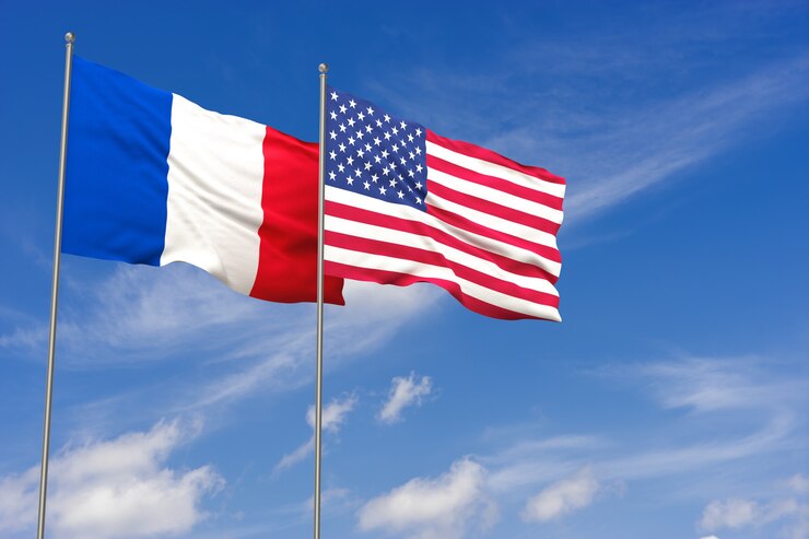 Photo 青空の背景にアメリカとフランスの旗。 3dイラスト