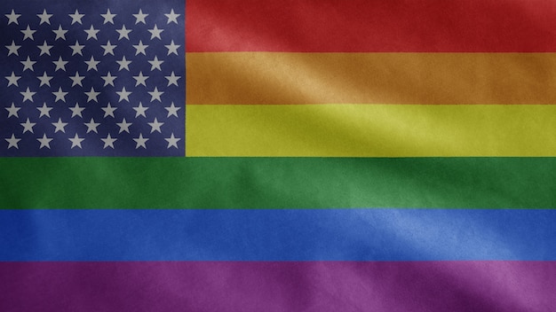 바람에 물결 치는 미국 게이 프라이드 플래그. 부드러운 실크 불고 미국 LGBT 커뮤니티 배너. 천 패브릭 질감 소위