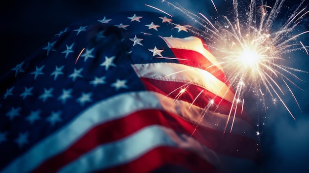 USA Holiday background with flag and fireworks Illustration AI GenerativexA