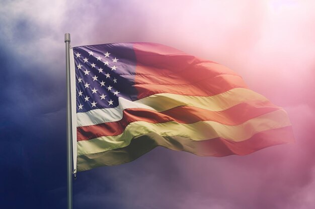 アメリカ合衆国独立記念日白い霧の虹の背景に国旗を祝う