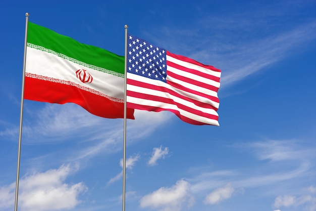 USA and Iran flags over blue sky background. 3D illustration