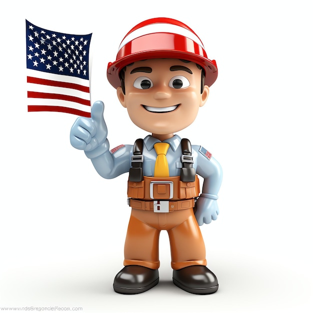 USA labor 3d cartoon character isolated white background