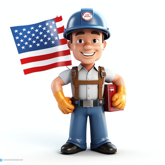 USA labor 3d cartoon character isolated white background