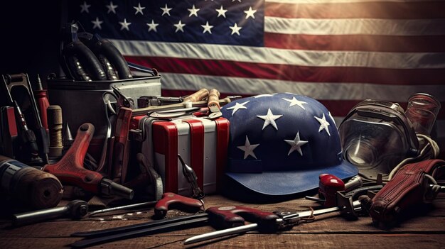 Photo usa labor day tools with american flag in the backgrounds