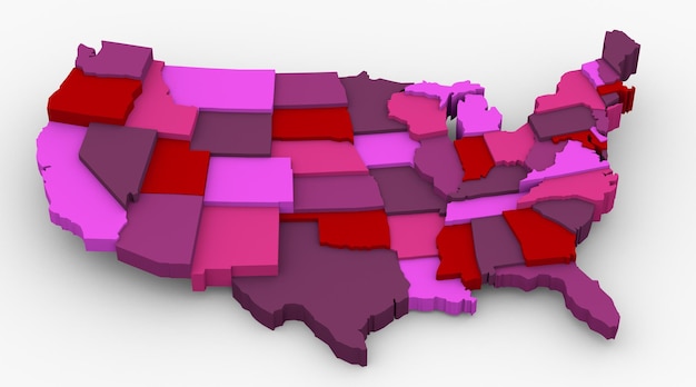 Usa map by states in various levels in red color tones in 3d render style