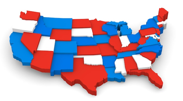 usa map by states in various levels in red white and blue in 3d render style