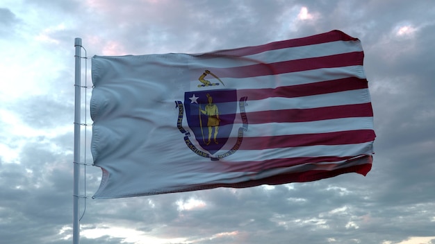 USA and Massachusetts Mixed Flag waving in wind