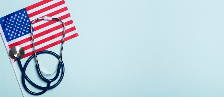 Usa medicine background stethoscope on the american flag healthcare and medical services in the usa concept high quality photo