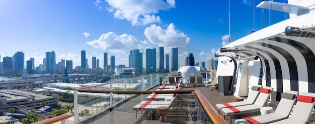 USA Miami harbor panoramic skyline from cruise ship departing to Caribbean vacation