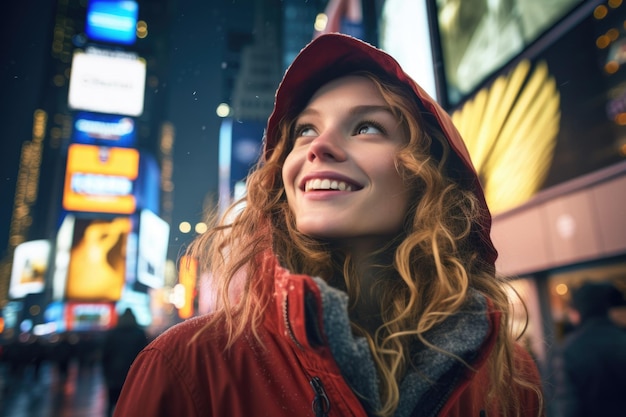 USA new york city glimlachende jonge vrouw op times square 's nachts opkijkend