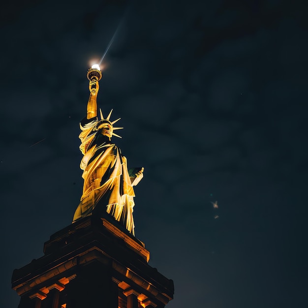 Фото Сша штат нью-йорк нью-йорк освещенный снимок статуи свободы в сумерках день памяти независимости