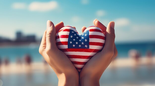 Photo usa patriot veterans independence day with american flag pattern on people hands in heart generative ai