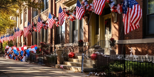 USA patriotic decorations and banners adorning streets Created with generative AI technology