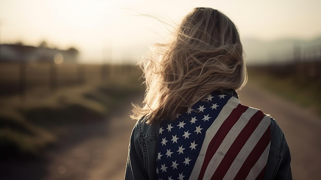 USA Patriotic woman with american flag view back