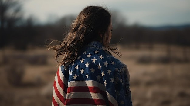 USA Patriotic woman with american flag view back