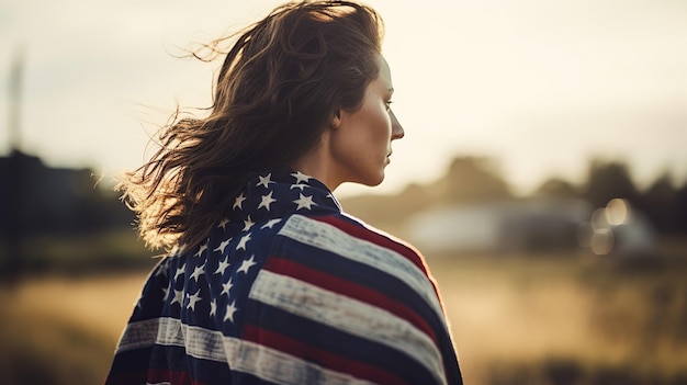 アメリカの国旗を後ろから見る愛国的な女性
