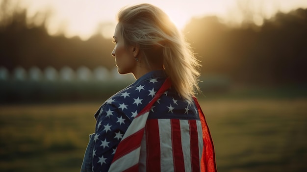 USA patriottische vrouw met Amerikaanse vlag weergave terug