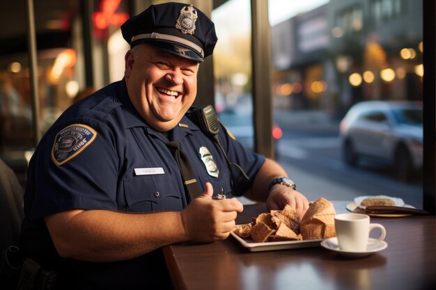 Photo usa policeman enjoying a moment of relaxation at coffe bar