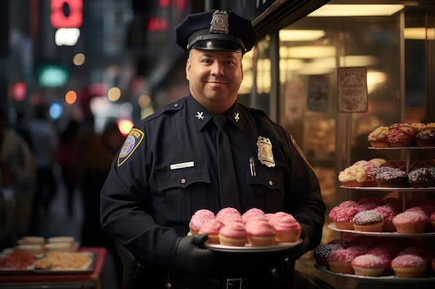 Полицейский США наслаждается моментом отдыха с тарелкой кексов