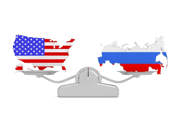 USA and Russian Flag Maps Balancing on a Simple Weighting Scale on a white background 3d Rendering