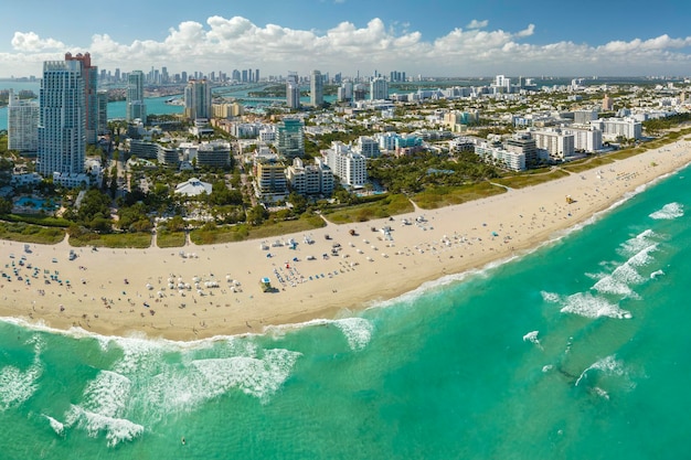 USA travel destination South Beach high luxurious hotels and apartment buildings American southern seashore of Miami Beach city Tourist infrastructure in Florida