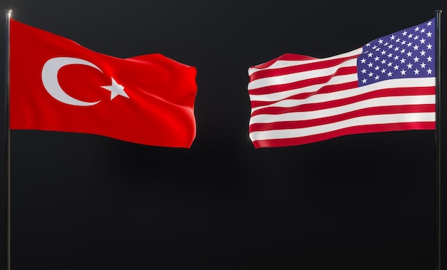 USA and turkey flags black background and flag USA and flag turkey 3D work and 3D image