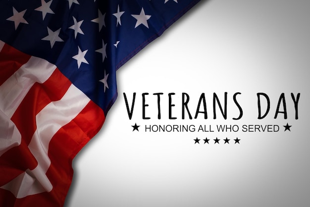 Photo usa veterans day background. abstract grunge brushed flag with text. template for horizontal banner.