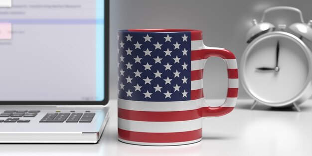 USA vlag koffiekopje bureau achtergrond 3d illustratie