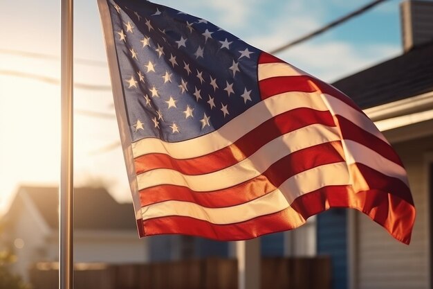 USA vlag op de hoek van huis Symbool van patriottisme Gebouw met wapperende vlag Generatieve ai