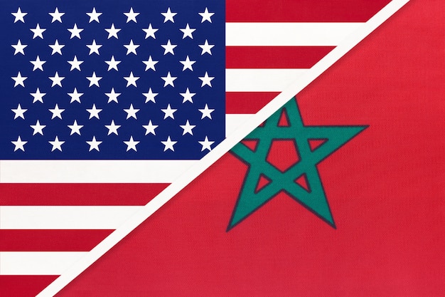 Photo usa vs morocco national flag from textile. relationship between two american and african countries.