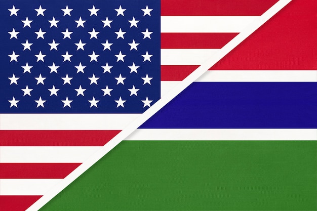 USA vs Republic of The Gambia national flag from textile.