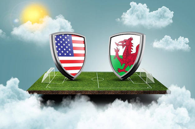 Usa vs wales versus screen banner soccer concept football field\
stadium 3d illustration