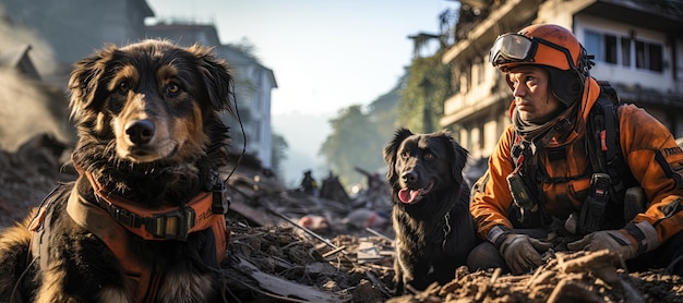 Usar urban search and rescue along with their k9 search and rescue dogs mobilizing to search for earthquake survivors amid the rubble of a collapsed building generated with ai