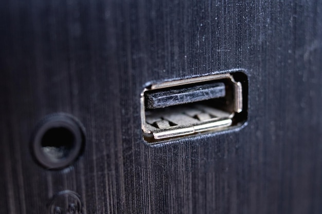 USB connector on the computer panel closeup