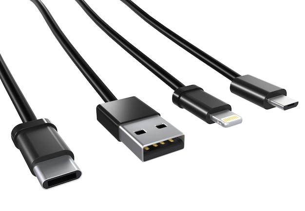 Photo usb data cables type a, and type c plugs, micro usb and lightning, universal computer phone connect