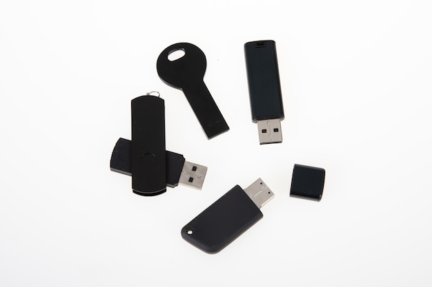 Photo usb flash keys black drive template for corporate identity ready for your trade mark mockup on white background