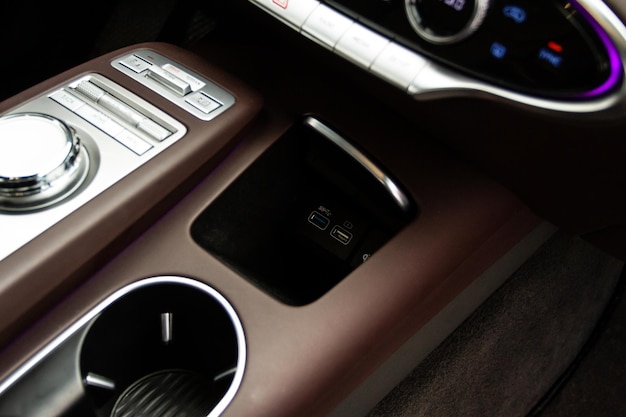 Usb port in the car panel close up car interior detail car usb\
charger detail