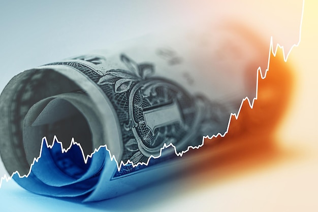 Photo usd bill with raising sparkline chart concept of economic growth raise of inflation or federal debt