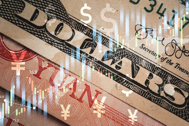 Фото Банкнота в долларах сша и юанях с графиком фондового рынка для обмена валюты на форекс и концепция инвестиций в бизнес по финансовому планированию
