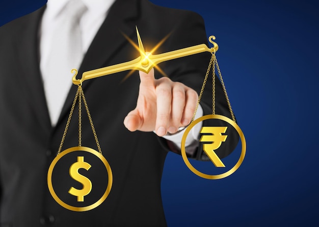 USD vs INR, dollar vs Indian rupee symbol on seesaw